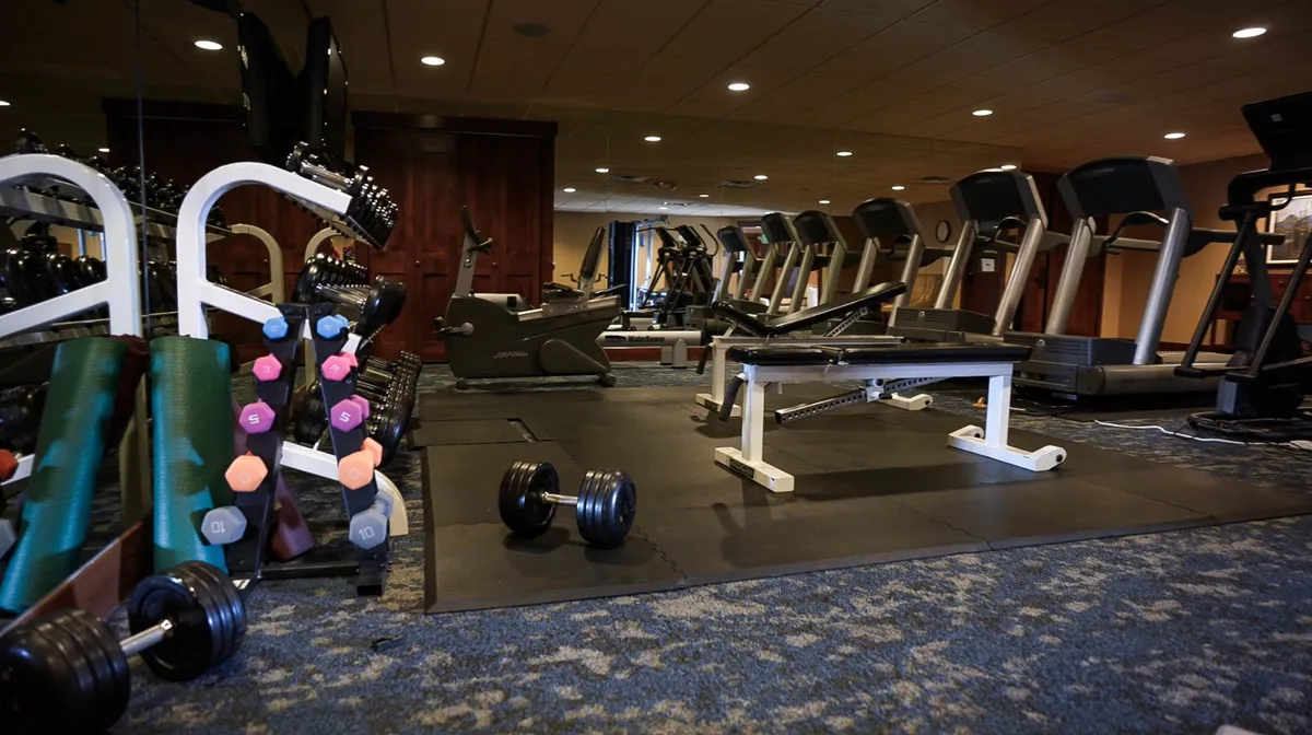A bright, well-equipped fitness center featuring modern dumbbells, a weight bench, and various exercise machines. The space is vibrant and energetic, with gym-goers engaging in both cardio and strength training. Large windows may bring in natural light, suggesting a connection to the outdoors and an inviting workout environment.